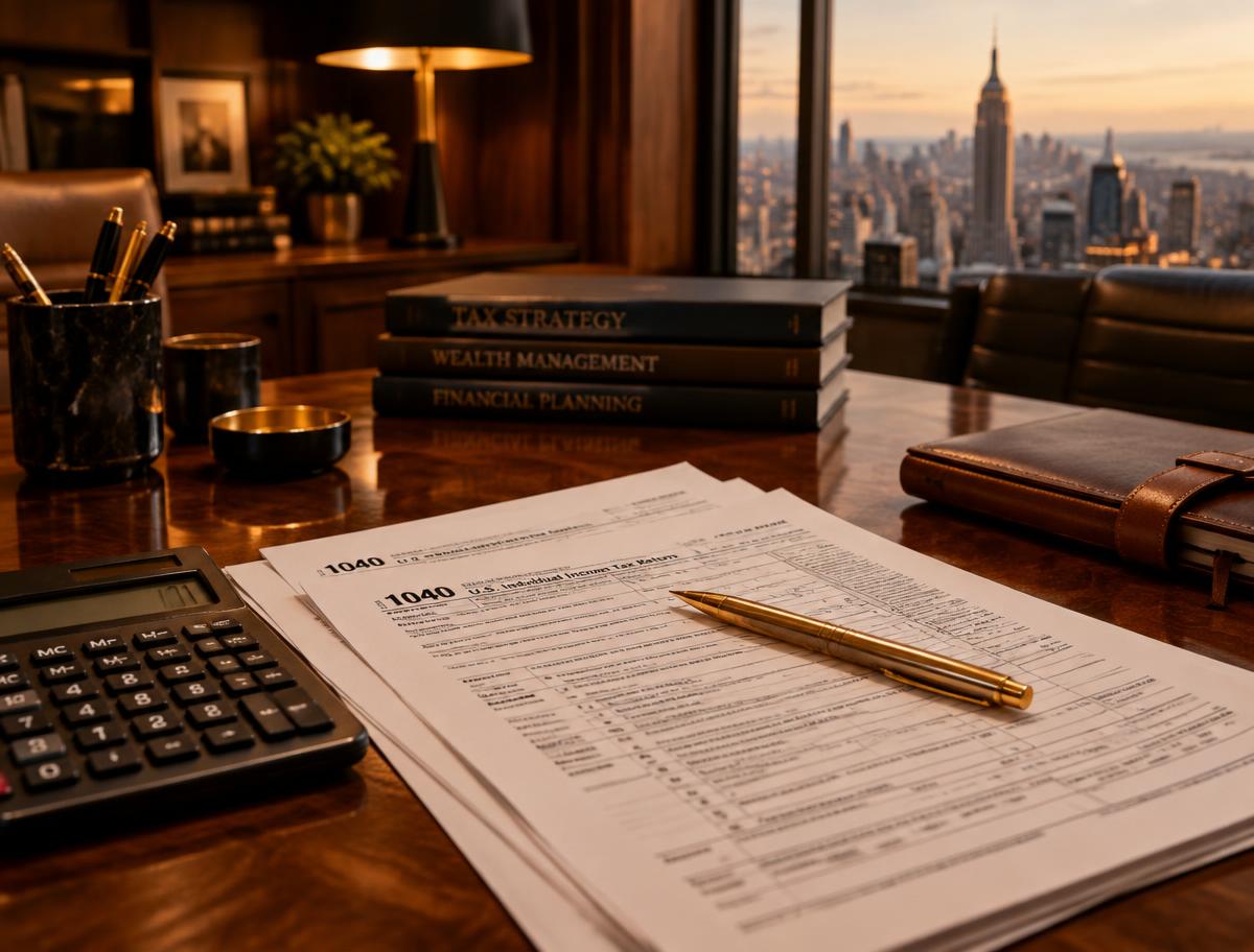 Tax documents on a walnut desk overlooking Manhattan